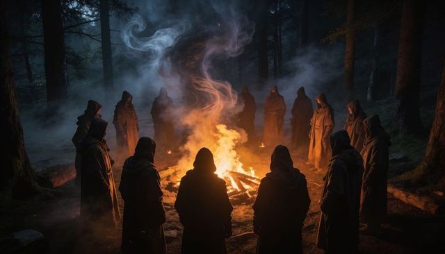 Hooded robed figures circling blazing bonfire in misty midnight forest ritual scene