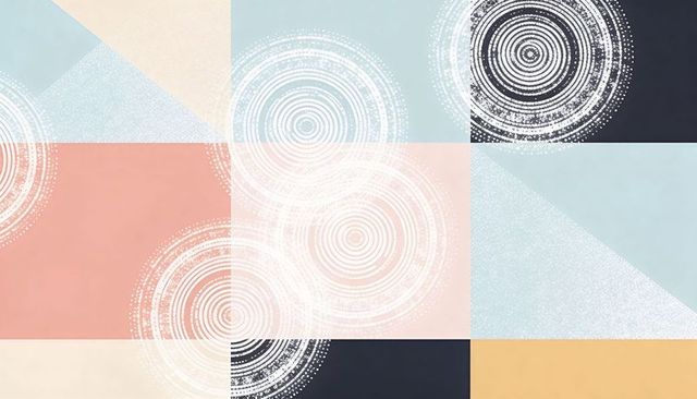 Pastel geometric grid featuring white concentric rings and textured triangles