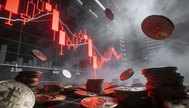 Tumbling bitcoin coins and red candlestick chart showing crypto market crash volatility