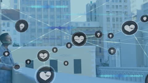 Digital Networking Concept with Businesswoman Overlooking City