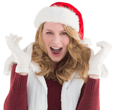 Excited Blonde Woman in Santa Hat Celebrating with Transparent Background