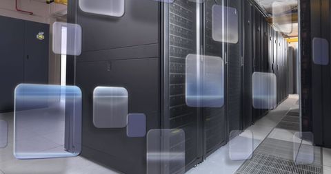 Futuristic computer server room with digital diagram overlay