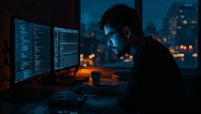 Programmer coding late on dual monitors with blue glow and city bokeh urban night workspace