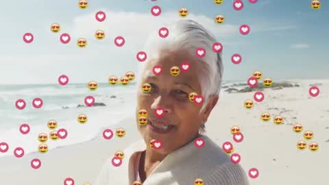 Joyful Senior Woman Enjoying Beach With Social Media Waves of Admiration