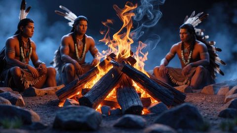 Native american men in feathered headdresses around night campfire