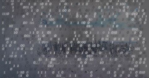 Hovering ghostly human face over city skyline with streaming binary code and tech overlay