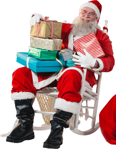 Cheerful santa claus holding stack of colorful christmas gifts transparent background