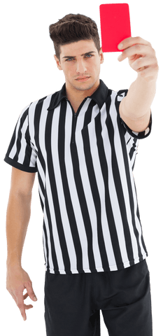 Serious referee determined showing red card on transparent background