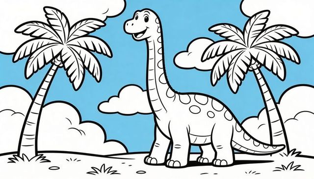 Smiling long-neck sauropod standing on tropical plain with palm trees and cartoon clouds
