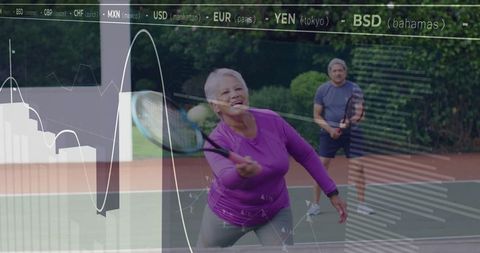 Active Senior Woman Playing Tennis with Financial Data Overlay