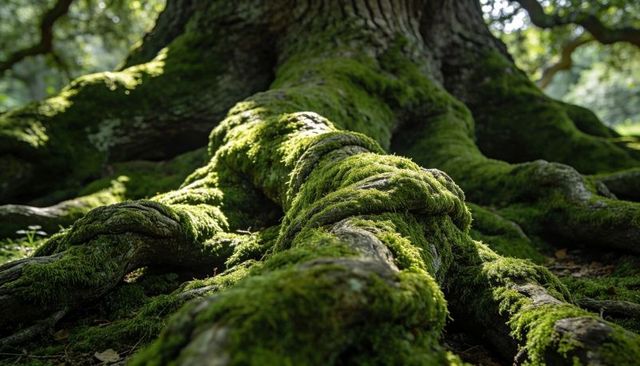 Twisting sunlit moss-covered oak roots spreading across forest floor with lichen detail