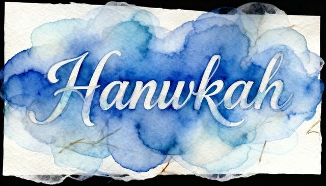 Hand-lettered Hanukkah Calligraphy Presenting on Blue Watercolor Wash with Textured Deckled Edge