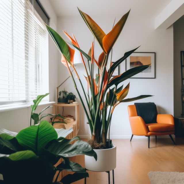 Modern living room featuring a striking Bird of Paradise plant in a white pot and an orange armchair. Natural light fills the room through large windows with blinds. Other houseplants and minimalist furniture enhance the cozy and contemporary atmosphere. Ideal for use in home decor inspiration, urban living ideas, and modern furniture catalogs.