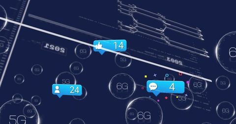 Futuristic 5G 6G Network Visualization with Social Notifications and Circuit Overlay