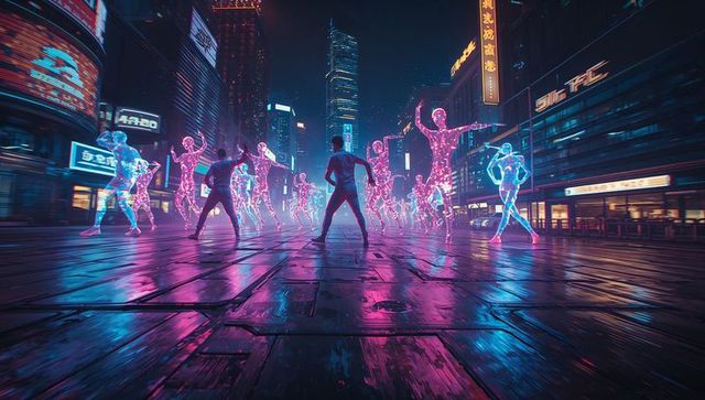 Techwear Dancers Interacting with Holographic Figures