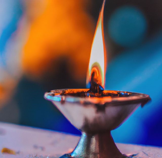 Image of close up of traditional lit indian candle on blue background. Indian tradition, light and celebration concept.