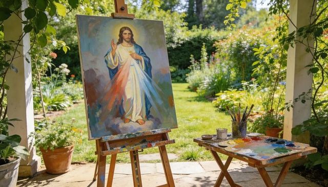 Divine mercy painting standing on easel in sunlit garden studio with palette and brushes