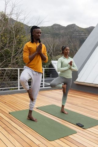 Rooftop yoga for diverse couple practicing tree pose with mountain view