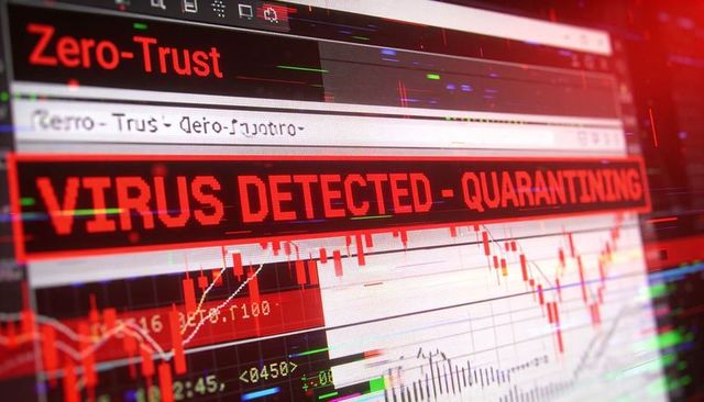 Zero-Trust Dashboard Showing VIRUS DETECTED - QUARANTINING Alert Over Financial Charts