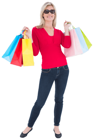 Transparent woman holding shopping bags joyfully in casual outfit