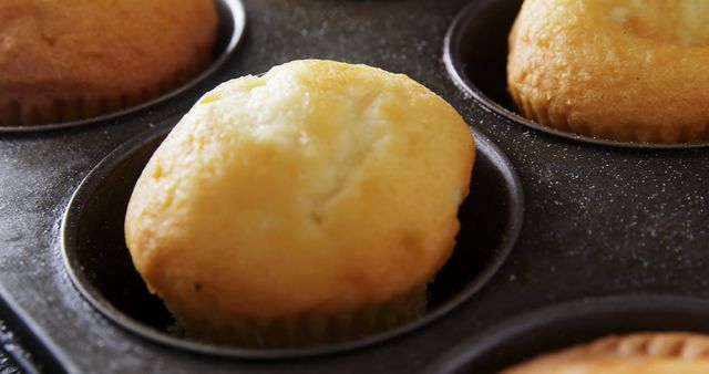 Freshly baked muffins rise in a dark non-stick muffin tin, with copy space. Golden tops and a close-up view invite a sense of homemade warmth and deliciousness.