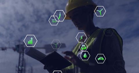 Female Architect with Eco-Friendly Digital Interface Studying Data