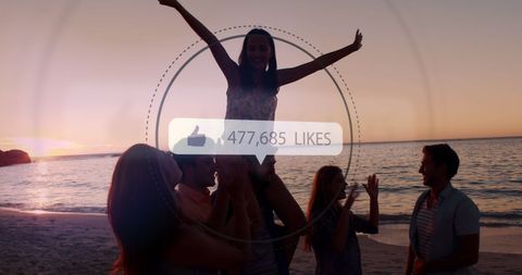 Friends Celebrating by Ocean Sunset with Social Media Overlay