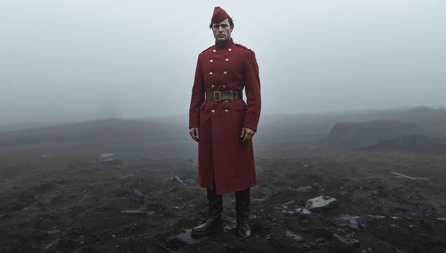 Solitary Soldier in Red Coat on Foggy, Rugged Landscape