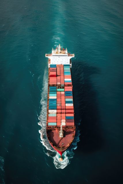 Industrial cargo ship carrying colorful shipping containers at sea. Suits topics related to global trade, maritime transportation, logistics, supply chain management, and international shipping routes.