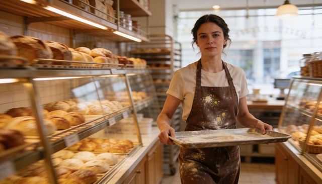Carrying floured tray baker wearing brown apron walking down warm artisan bakery aisle