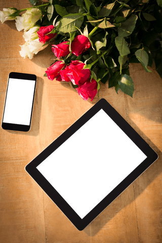 Transparent gadgets with red and white flowers on rustic table