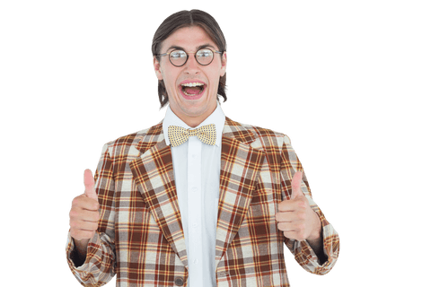 Cheerful hipster giving thumbs up in quirky glasses on transparent background