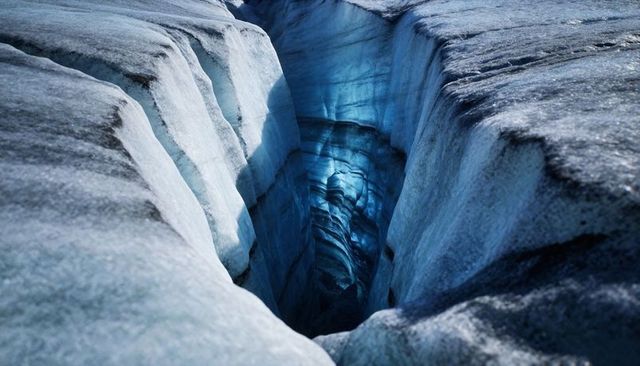 Deep blue glacier crevasse revealing layered ice walls and sediment streaks, alpine chasm