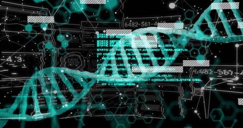 Rotating Cyan DNA Double Helix Over Holographic Genomic Analysis Dashboard