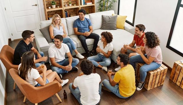 Friends gathering in living room laughing, chatting and drinking casual at-home party