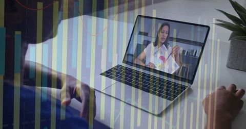 Virtual classroom learning child watching teacher on laptop