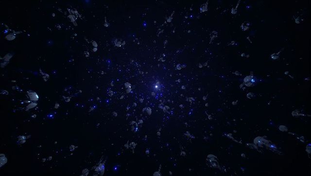 Futuristic metallic drones in space fluttering towards star