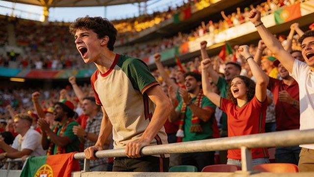 Young portuguese fans cheering and celebrating in stadium leaning on railing at sunset