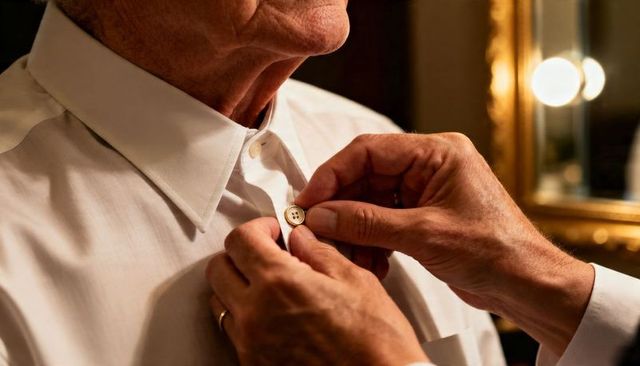 Caregiver fastening top button on elderly man's shirt at vanity mirror for wedding