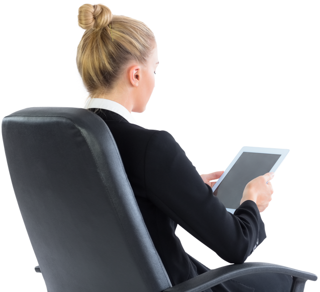 Transparent Blond Businesswoman Sitting on Swivel Chair with Tablet - Download Free Stock Videos Pikwizard.com