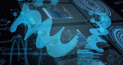 Undulating cyan data ribbon floating over futuristic hud grid visualizing analytics dashboard
