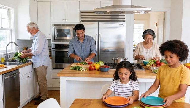 Multigenerational family preparing fresh meal in bright modern kitchen