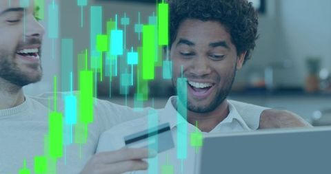 Diverse Male Couple Shopping Online with Financial Graphs Overlay