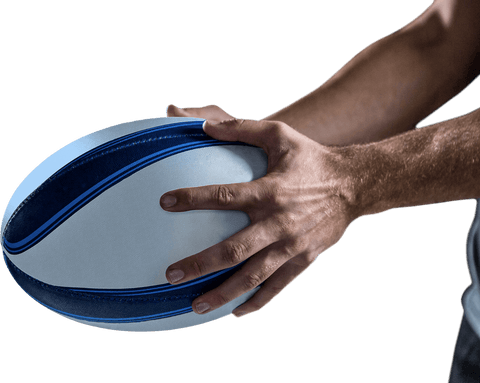 Transparent sports player holding rugby ball close up