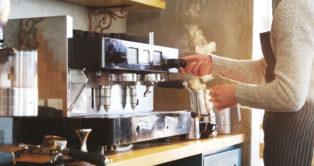 Barista Steaming Milk for Latte on Professional Espresso Machine - Download Free Stock Images Pikwizard.com