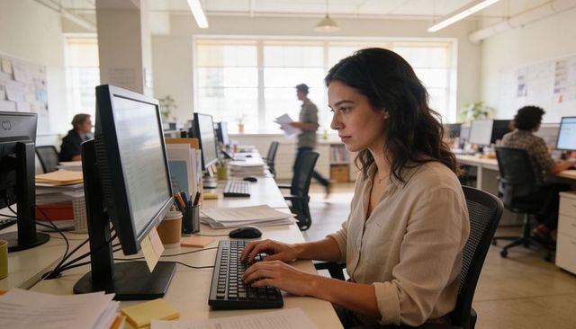 Young woman typing at open-plan office workstation with natural light and sticky notes