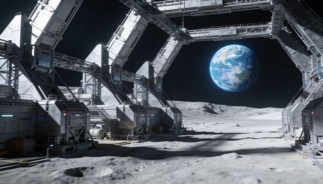 Lunar base with hexagonal truss arches and walkways, Earth rising over Moon horizon