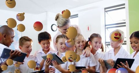 Diverse students engaging with technology in interactive classroom