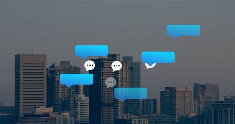 Floating Chat Bubbles over Urban Skyline Illustrating Modern Communication