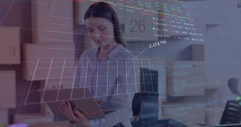 Retail inventory specialist checking stock on tablet with augmented data overlay in workspace